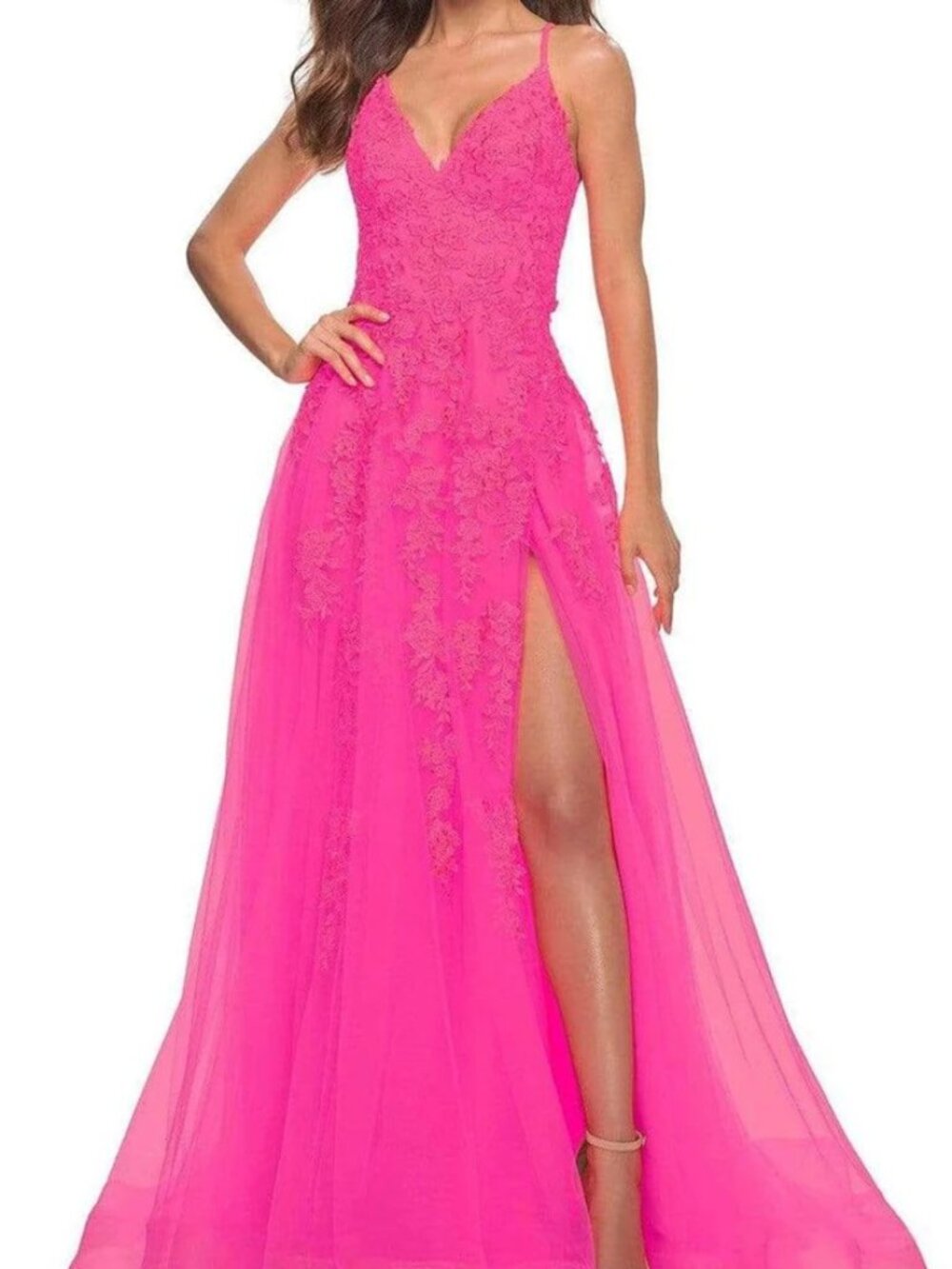 NWT La Femme 30303SC Tulle Prom Dress Neon Pink Size 10
